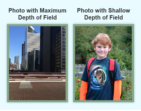 Photographs showing Maximum Depth of Field of the streets of Chicago and the Shallow Depth of Field of a young boy.