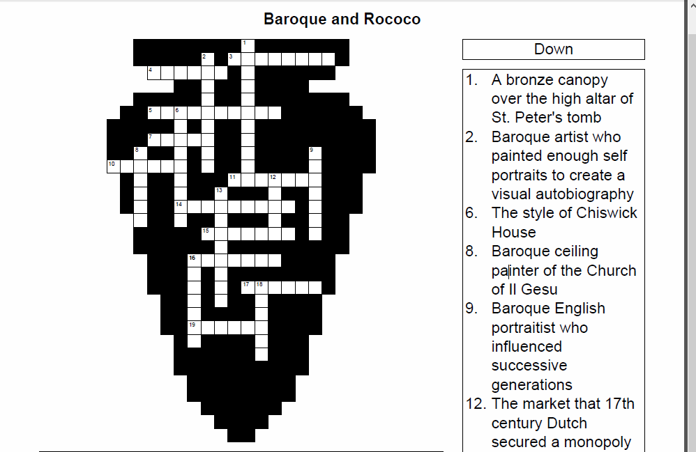 Screenshot image of the Baroque and Rococo Crossword Puzzle.