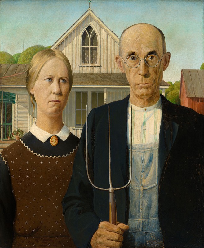 Painting of American Gothic, c. 1930, by Grant Wood.