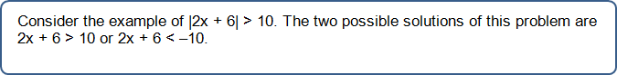 Consider the example of the absolute value of 2 x plus 6 is greater than 10. The two possible solutions of this problem are 2 x plus 6 is greater than 10 or 2 x plus 6 is less than minus 10.